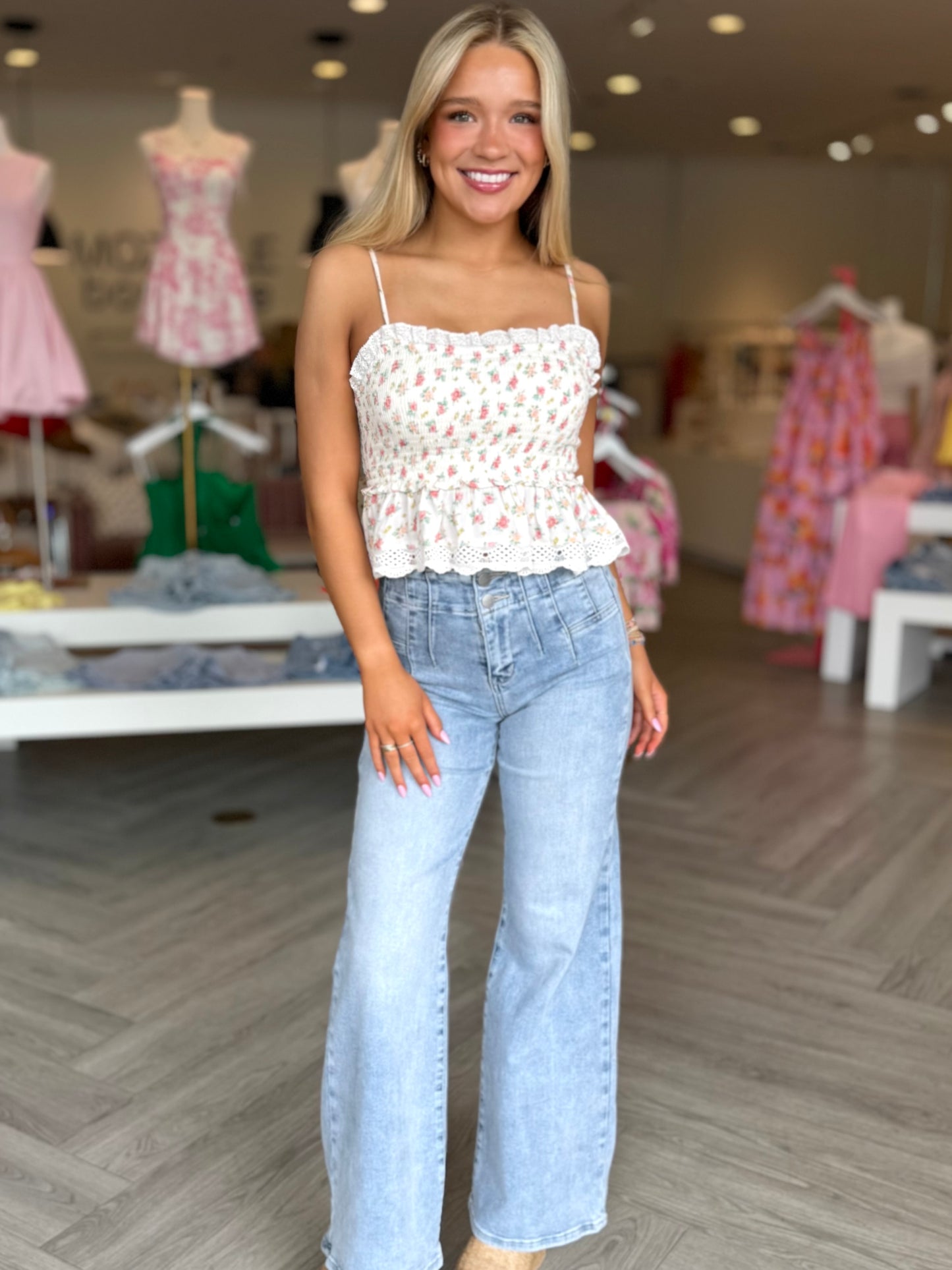 Floral Soft Smocked Lace Cami