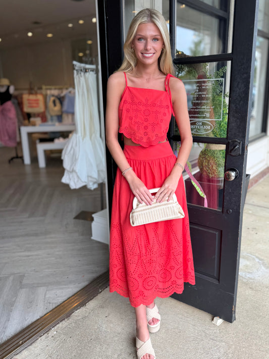 Tomato Eyelet Scallop Hem Top