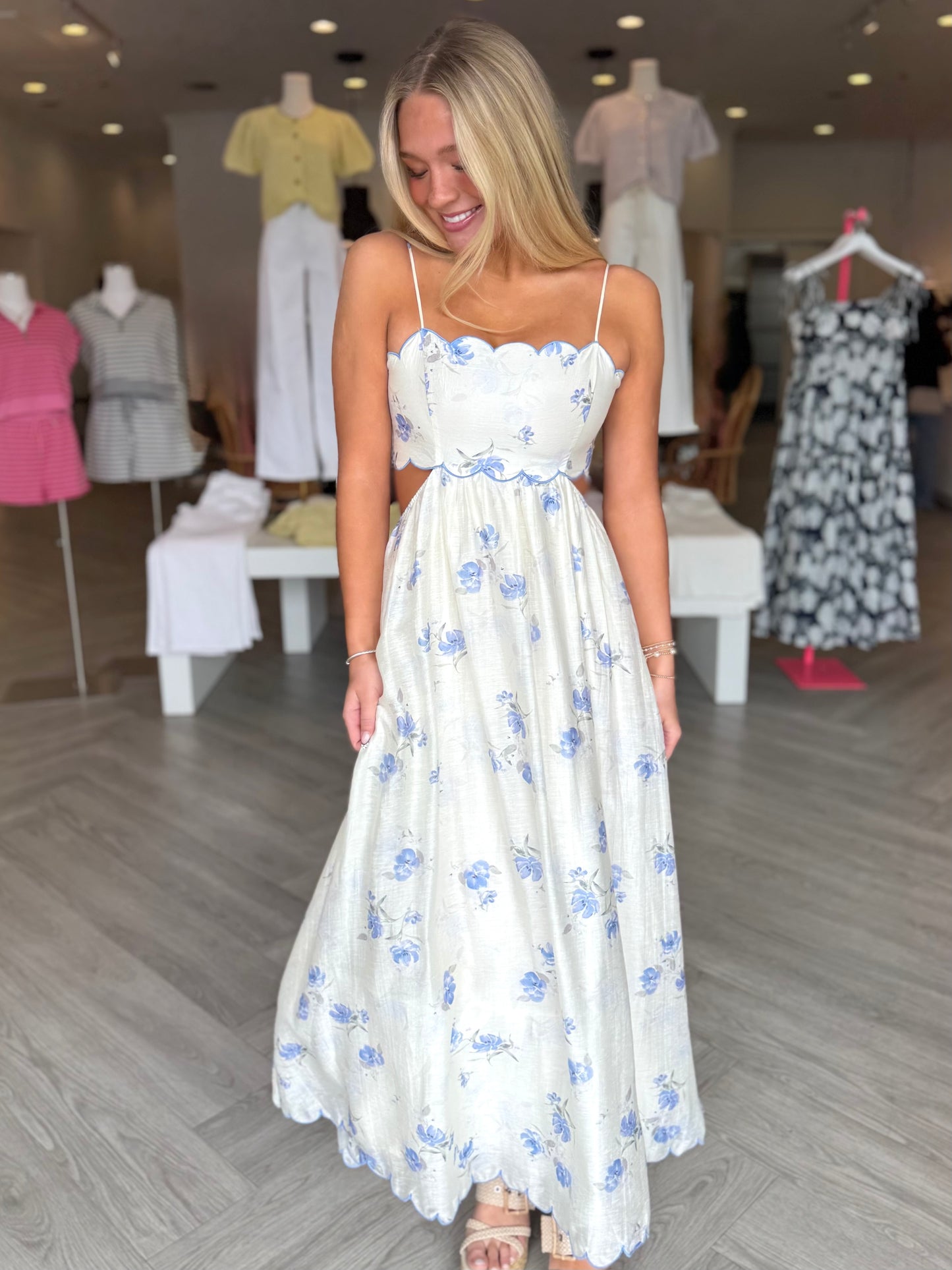 Blue Floral Scallop Midi Dress