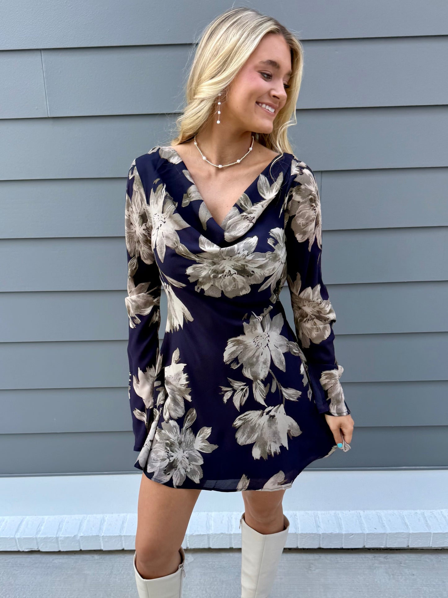 Black/Navy Floral Mini Flare Dress