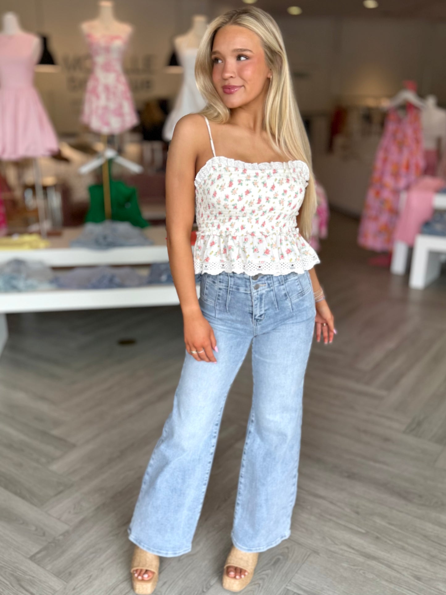 Floral Soft Smocked Lace Cami