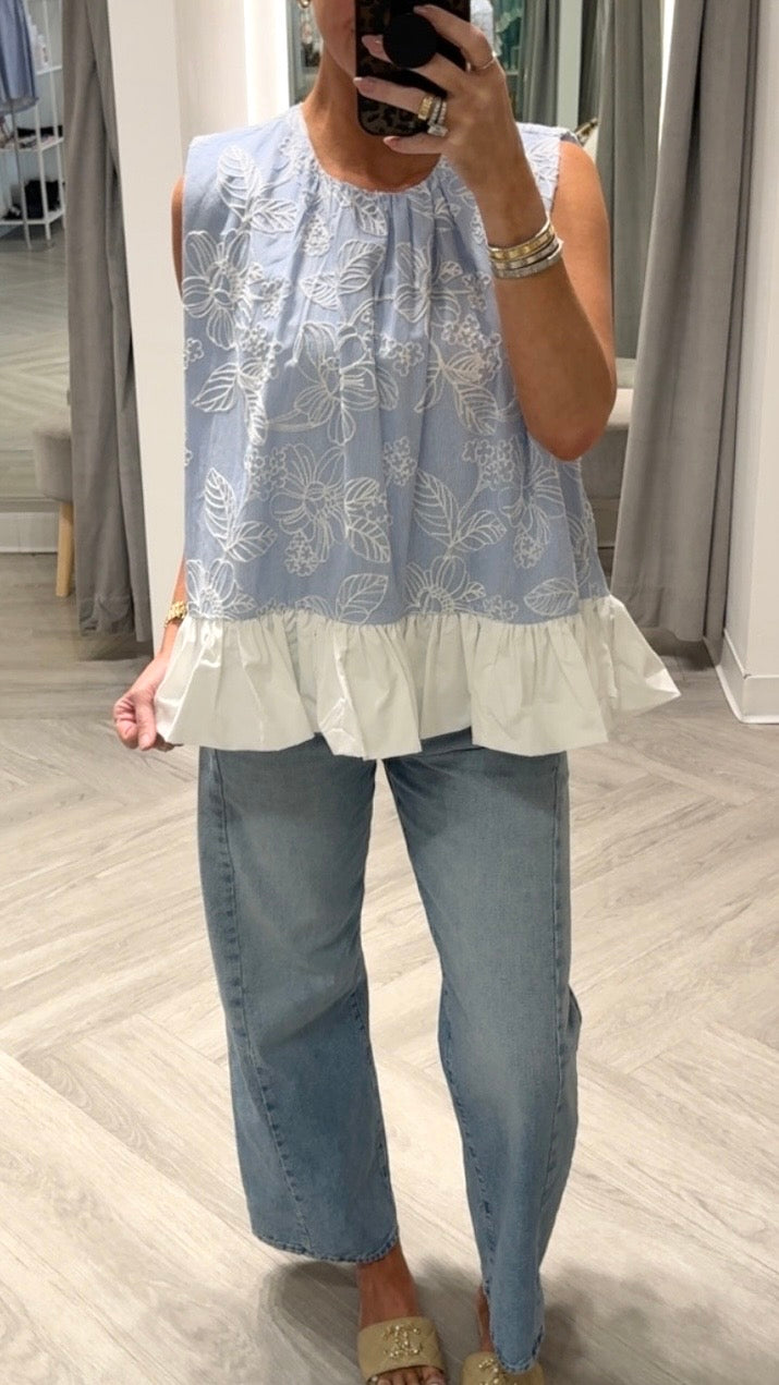 Sky Blue Stripe Ruffle Hem Top