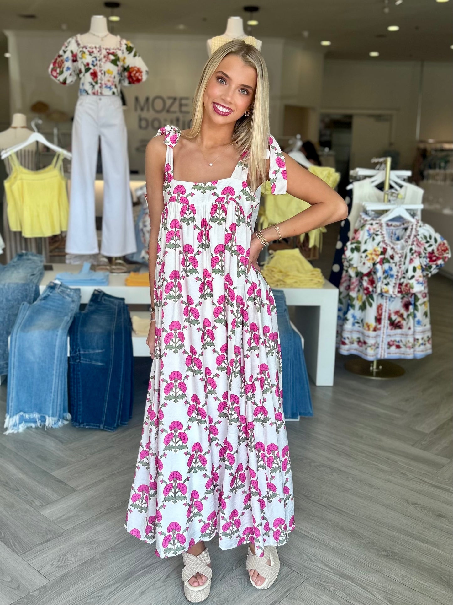 Cream Smocked Tie Strap Midi