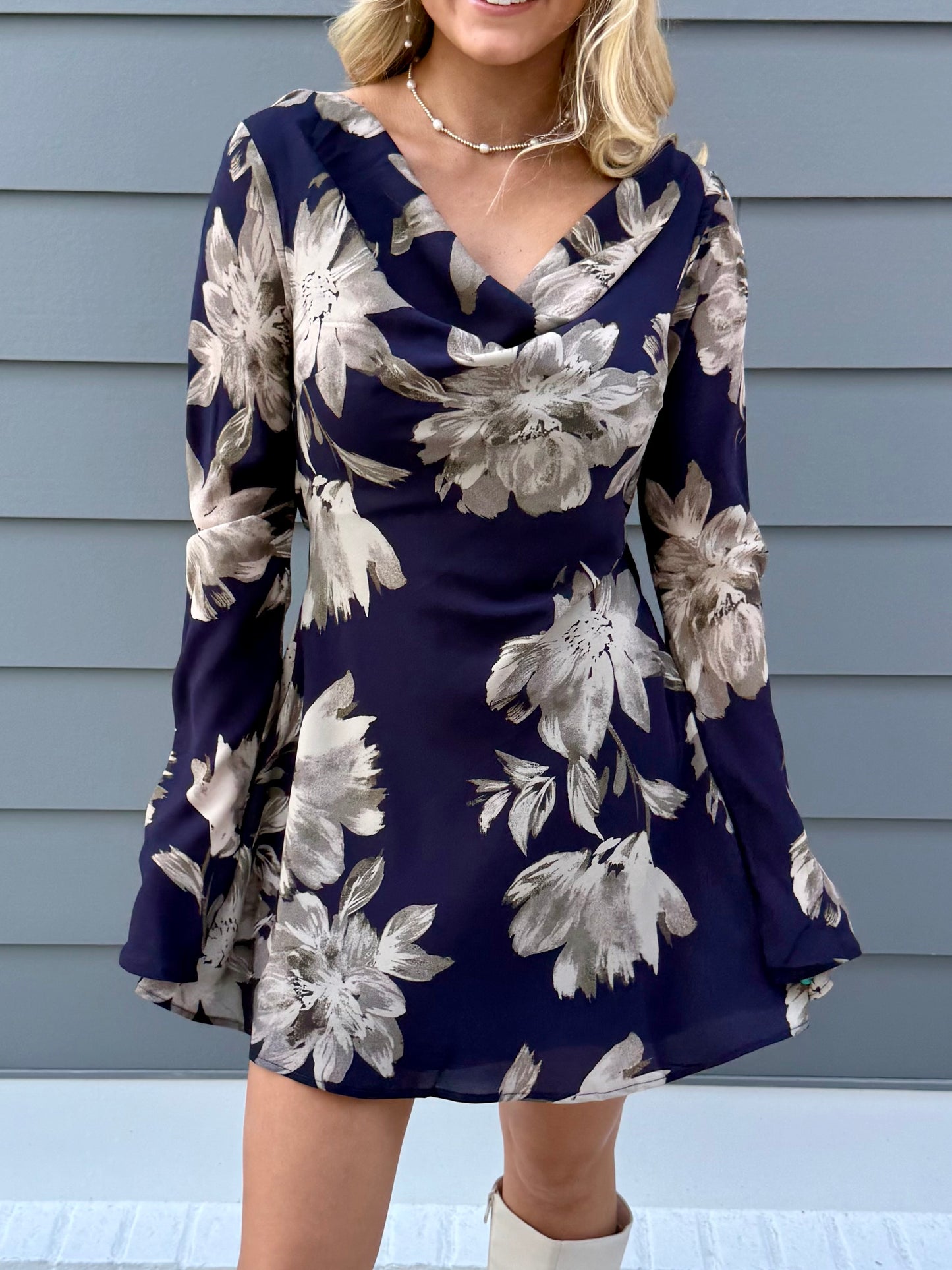 Black/Navy Floral Mini Flare Dress