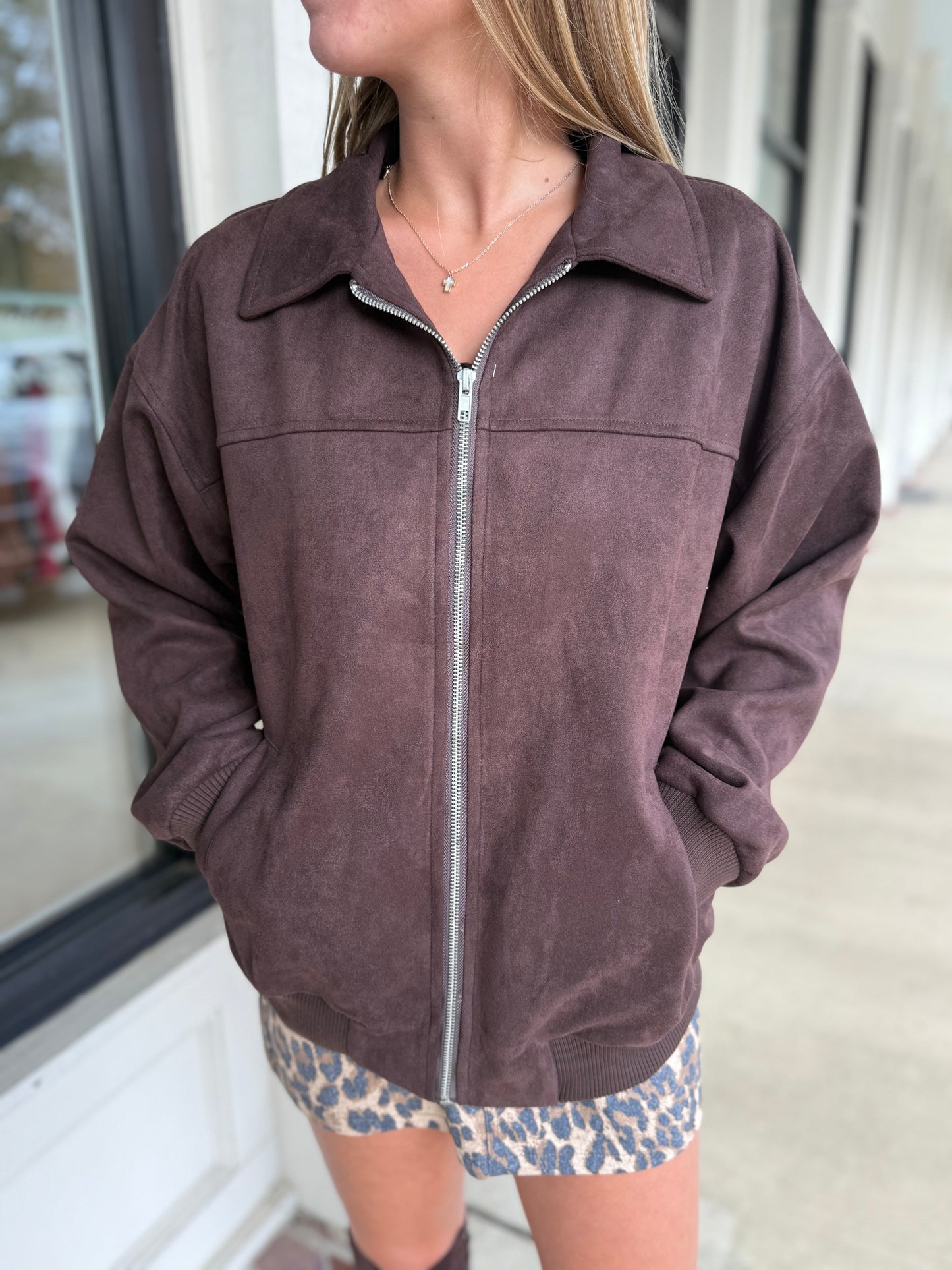 Brown L/S Suede Bomber