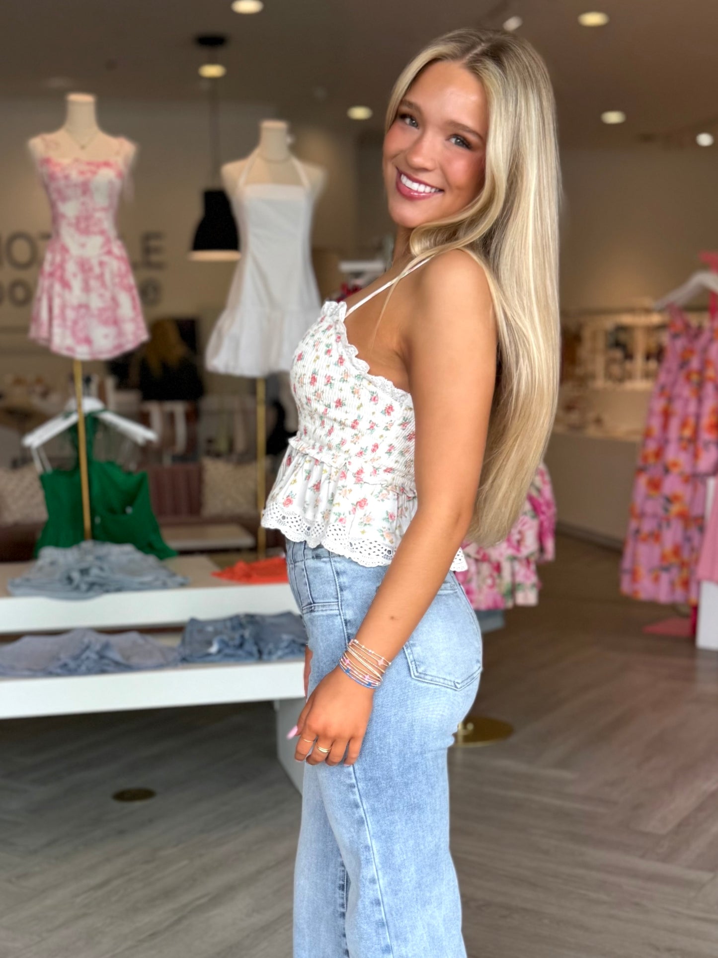 Floral Soft Smocked Lace Cami