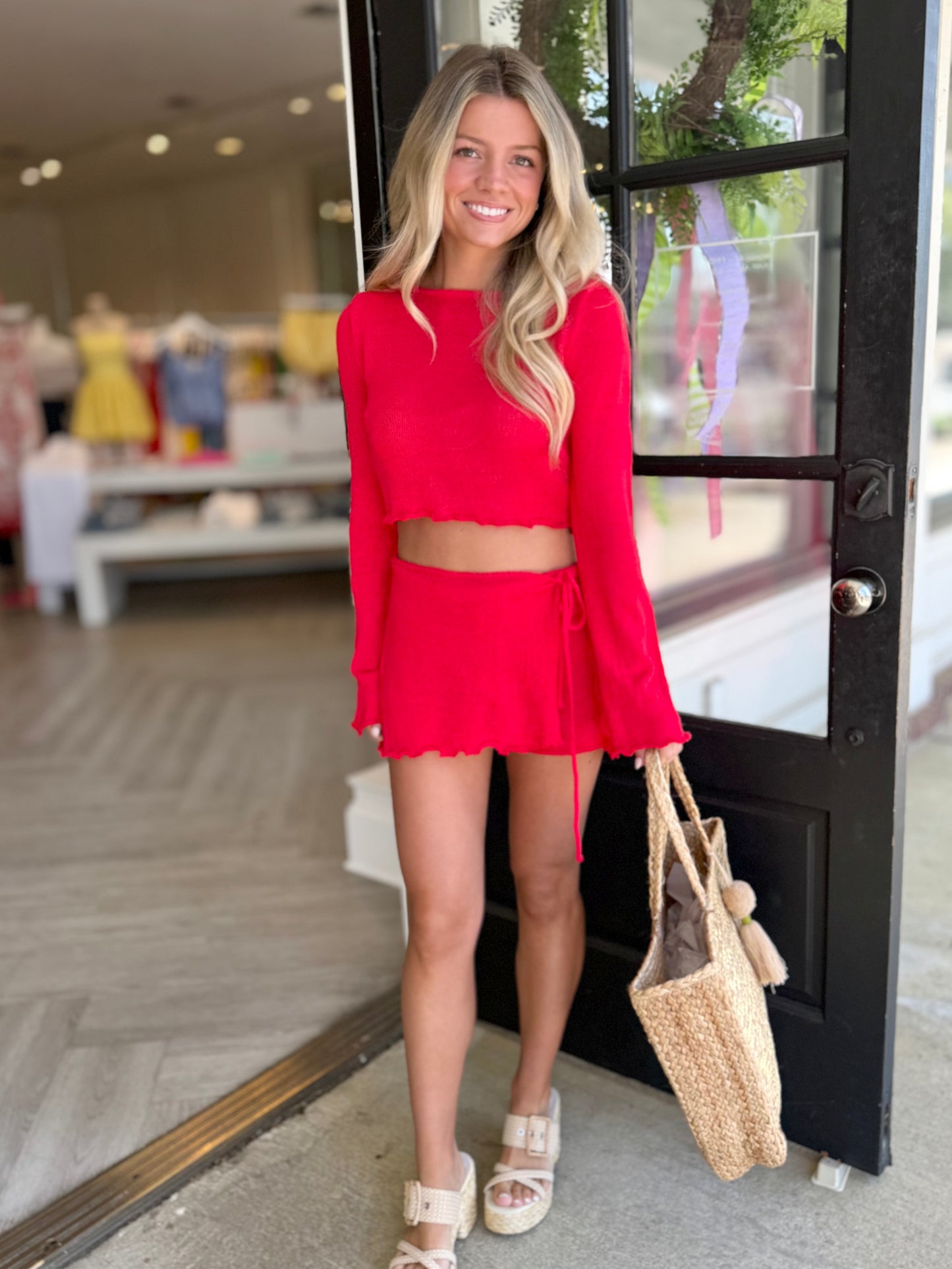 Red Boatneck Knit Cover Up Top
