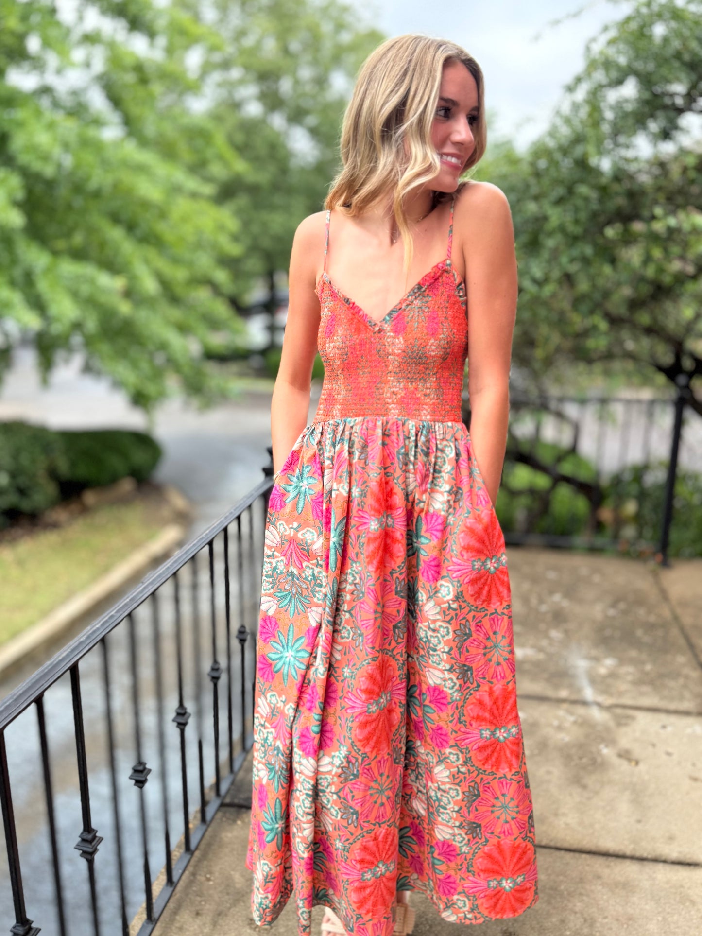 V-Neck Sunset Hibiscus Maxi