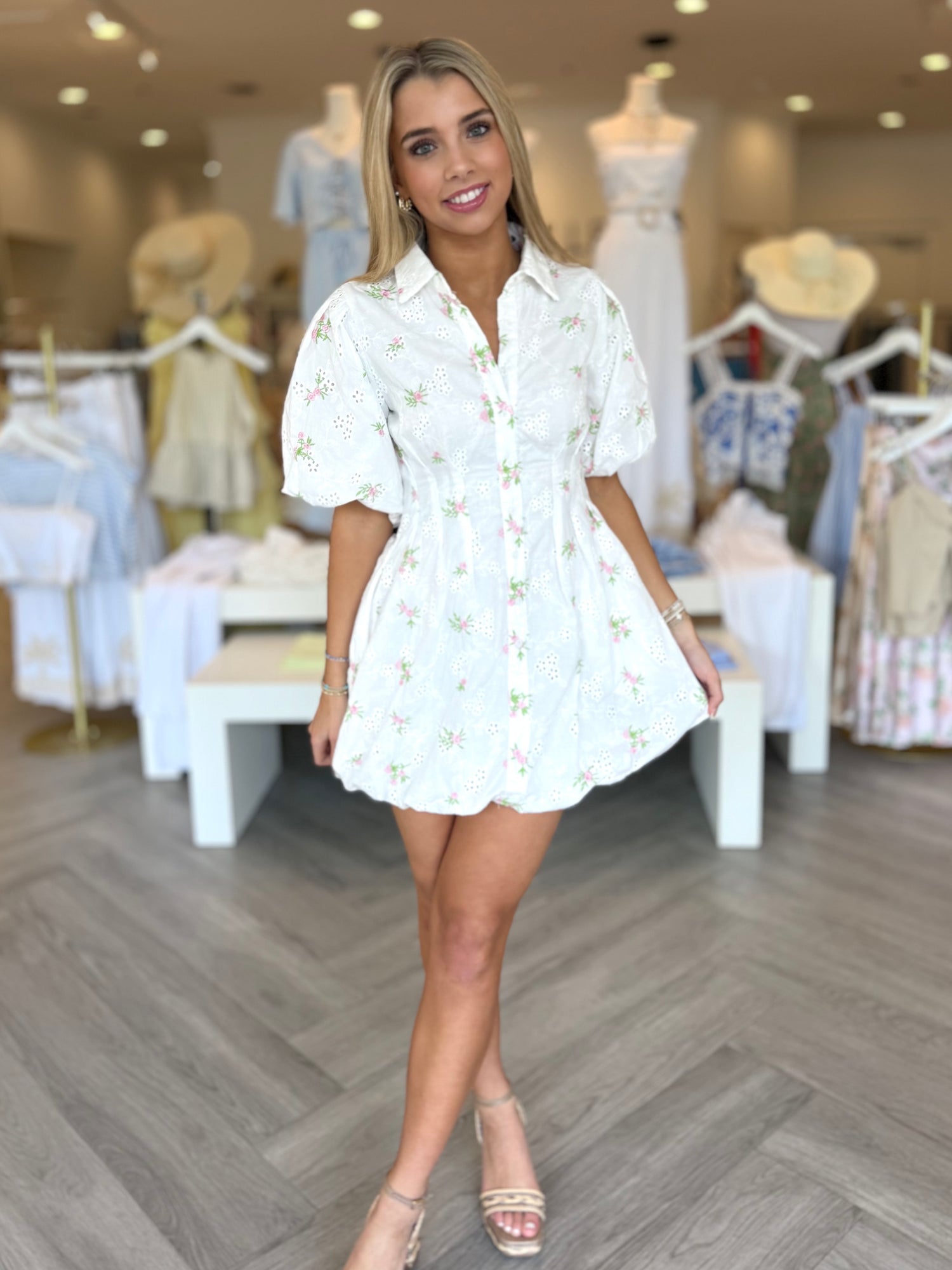 White Pink Rose Eyelet Bubble Dress