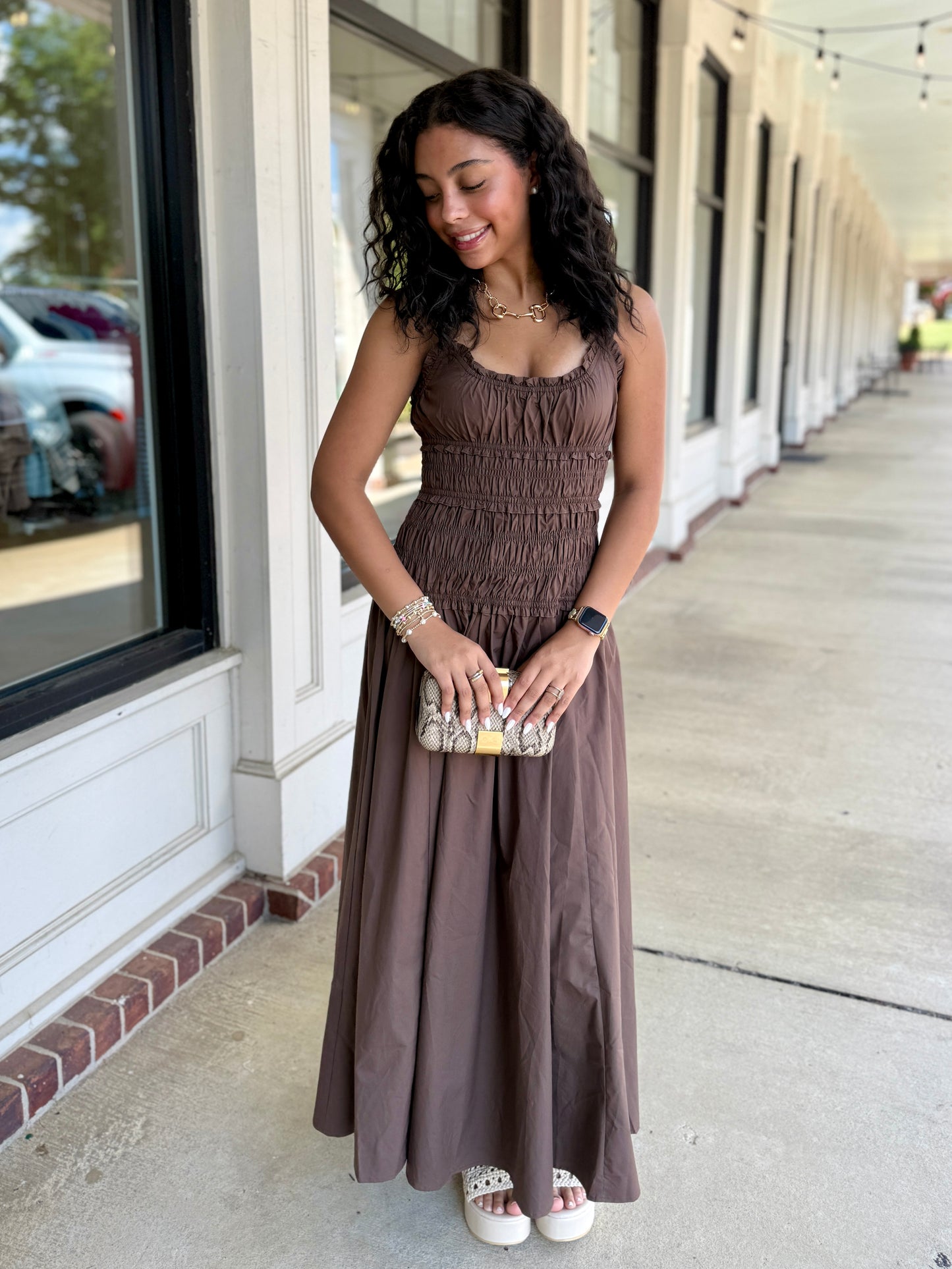 Brown Smocked Slit Maxi