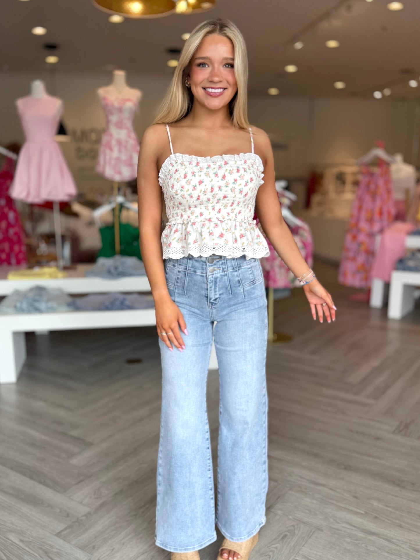 Floral Soft Smocked Lace Cami