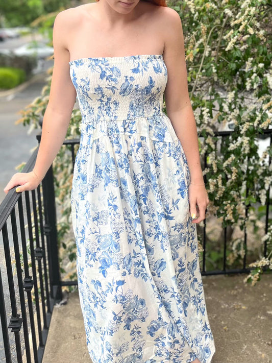 Cream Blue Strapless Midi Dress