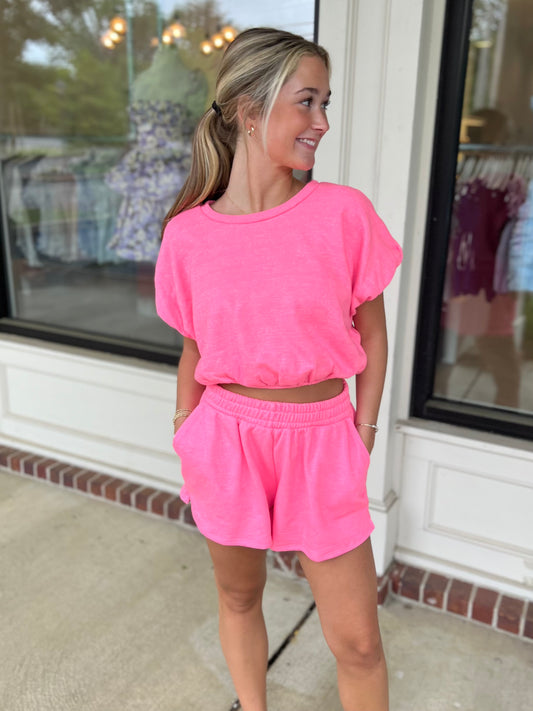 Neon Pink Elastic Waist Shorts