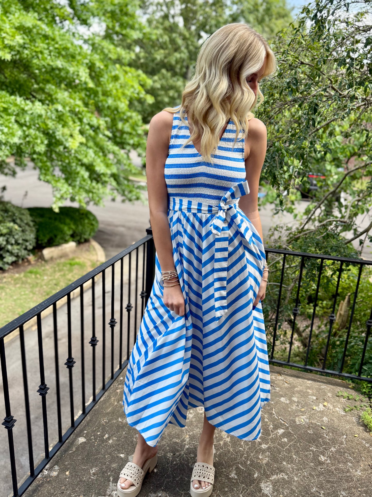 Blue Smocked V Midi