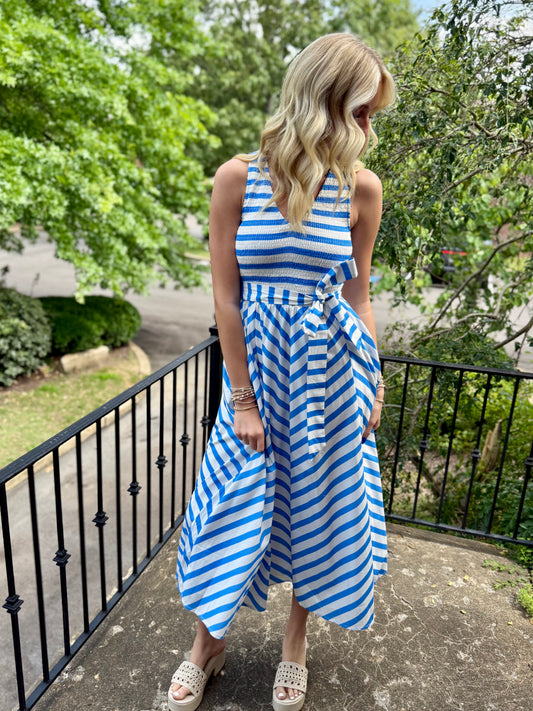 Blue Smocked V Midi