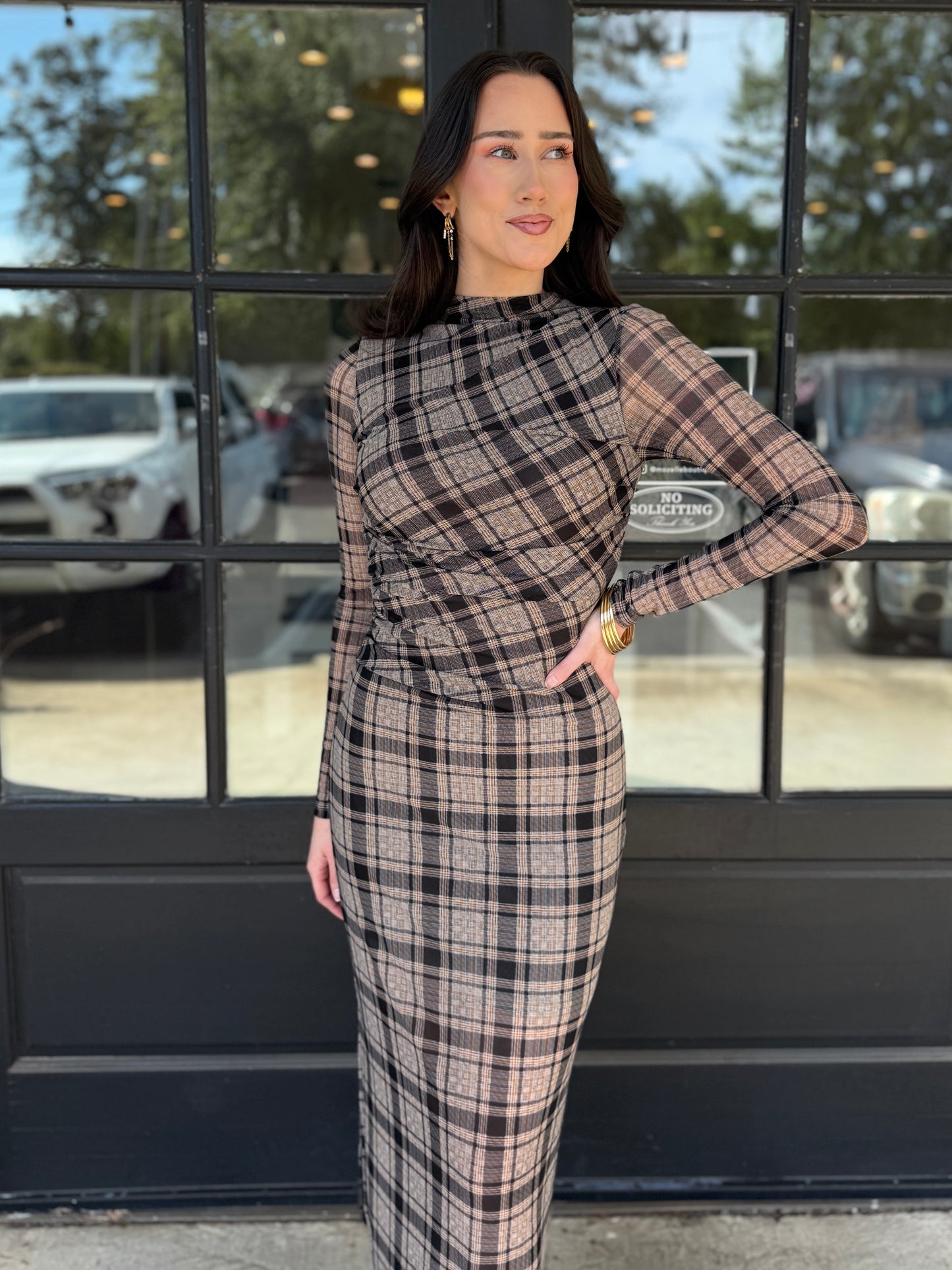 Brown Plaid Mesh Midi