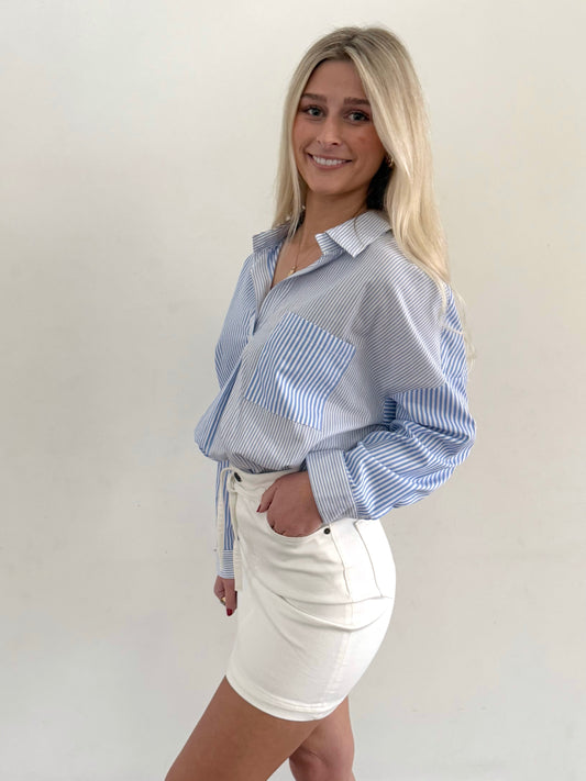 Blue Multi Stripe V-Neck Shirt