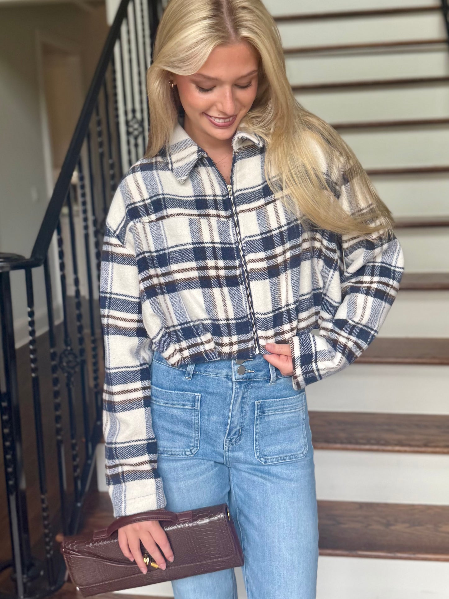 Navy Flannel Cropped Jacket