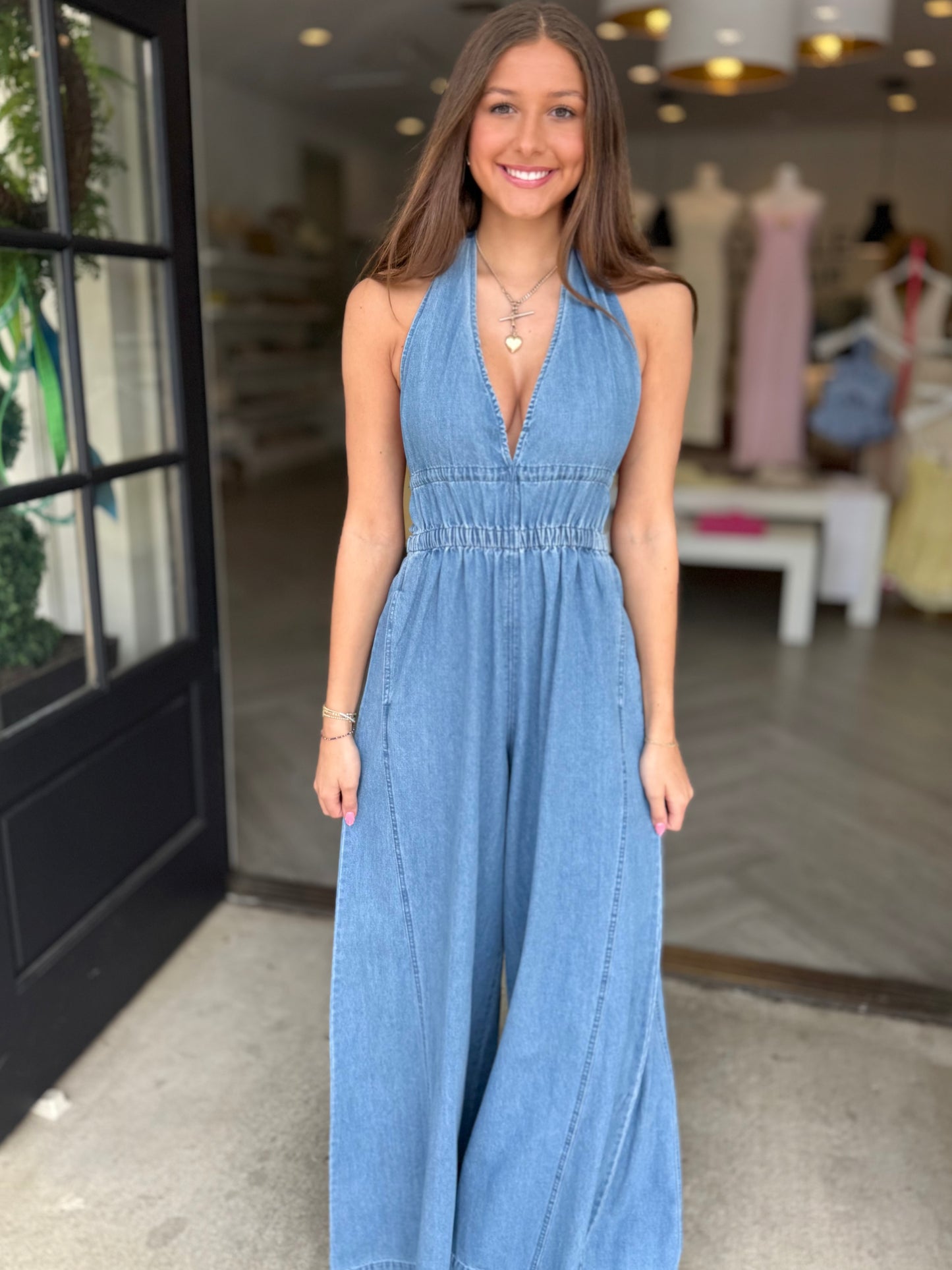Denim Halter Neck Jumpsuit