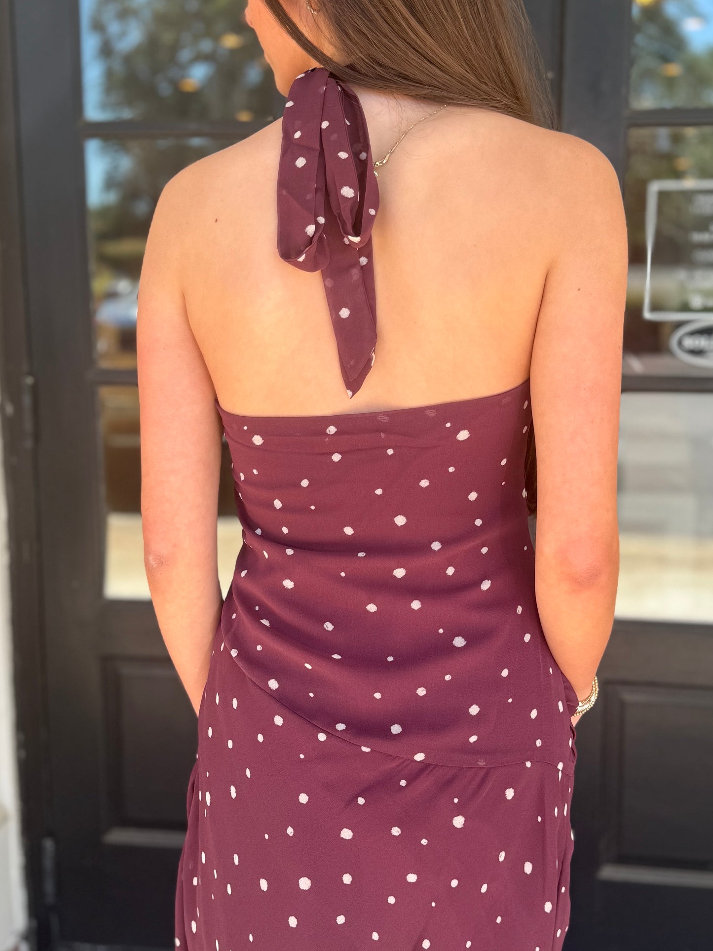 Maroon Ruched Polka Dress