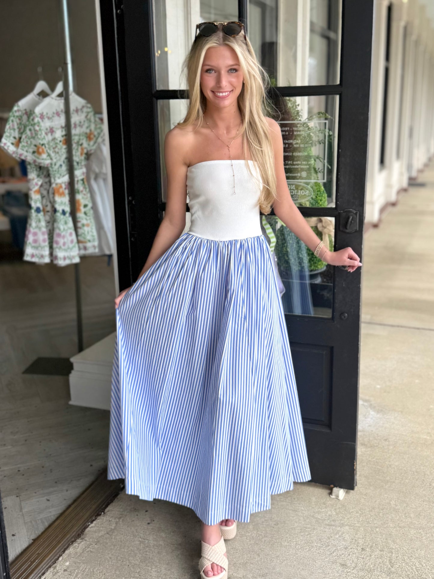 Blue Mixed Media Strapless Maxi