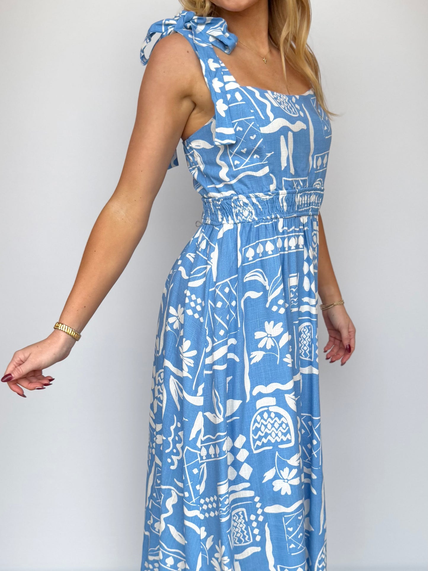 Blue Boho Floral Strap Midi Dress