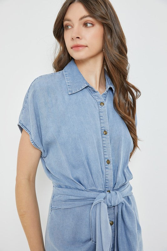 Denim Ruched Waist Tied Dress