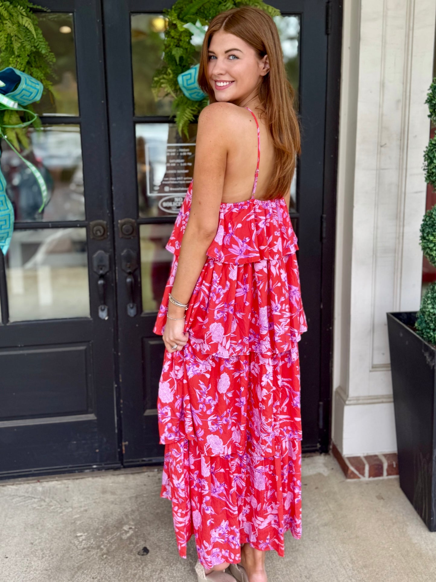 Red Pink Halter Tiered Maxi