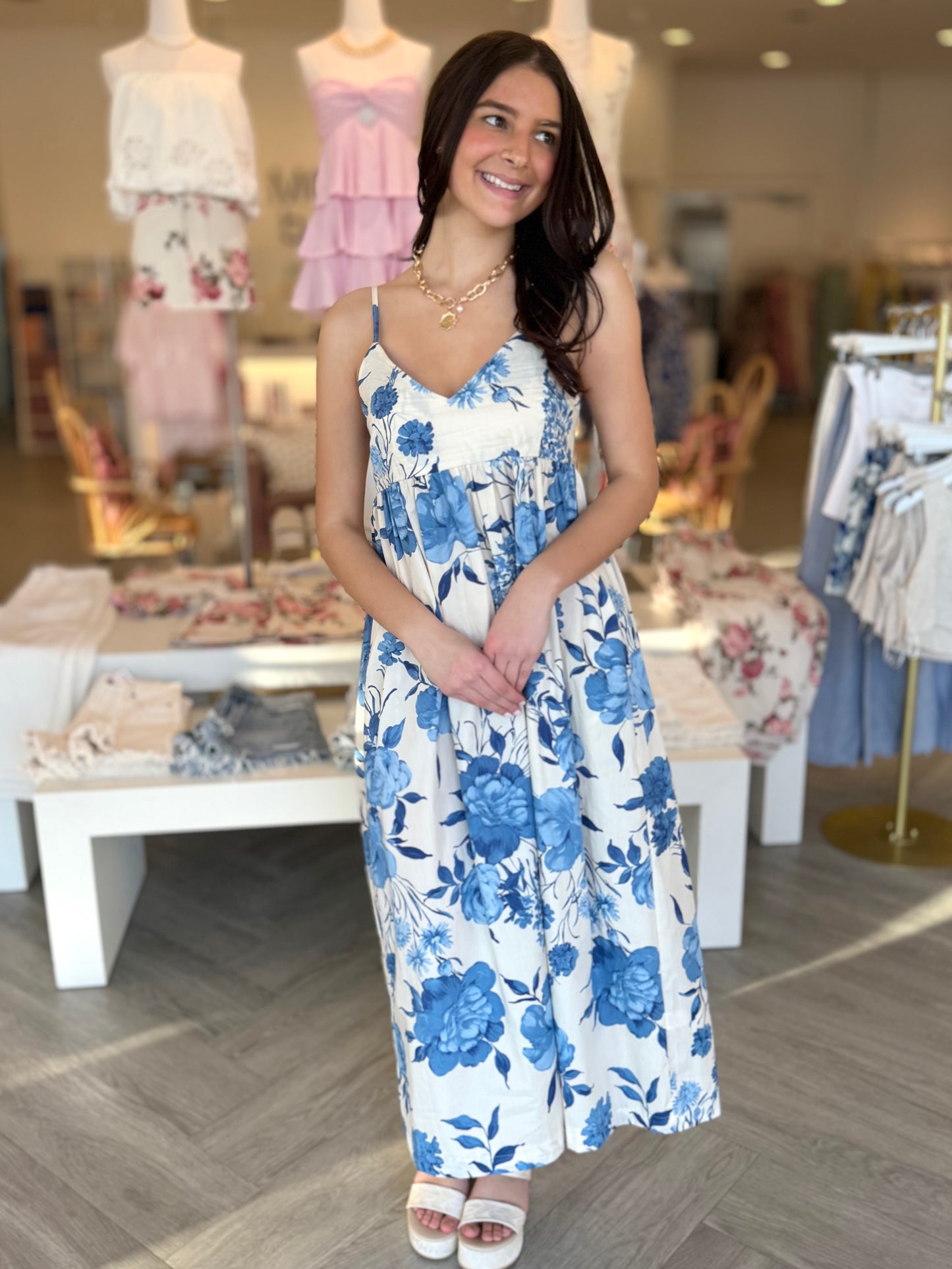 Cream/Blue Hydrangea Midi