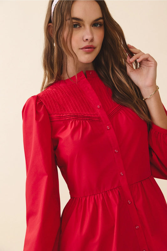 Red Pintuck Yoke Mini Dress