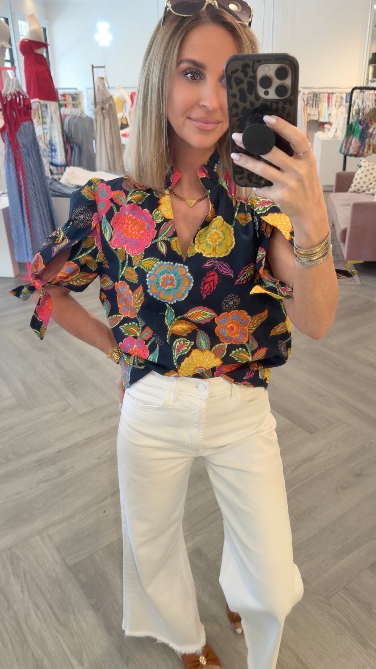 Navy Floral V Neck Top