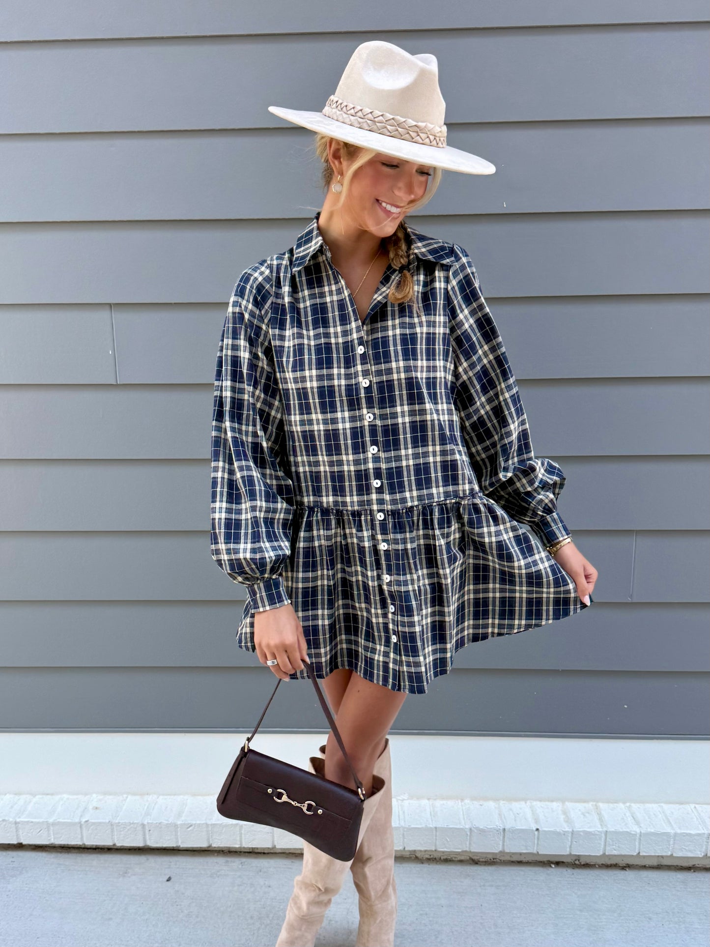 Navy Plaid L/S Dress