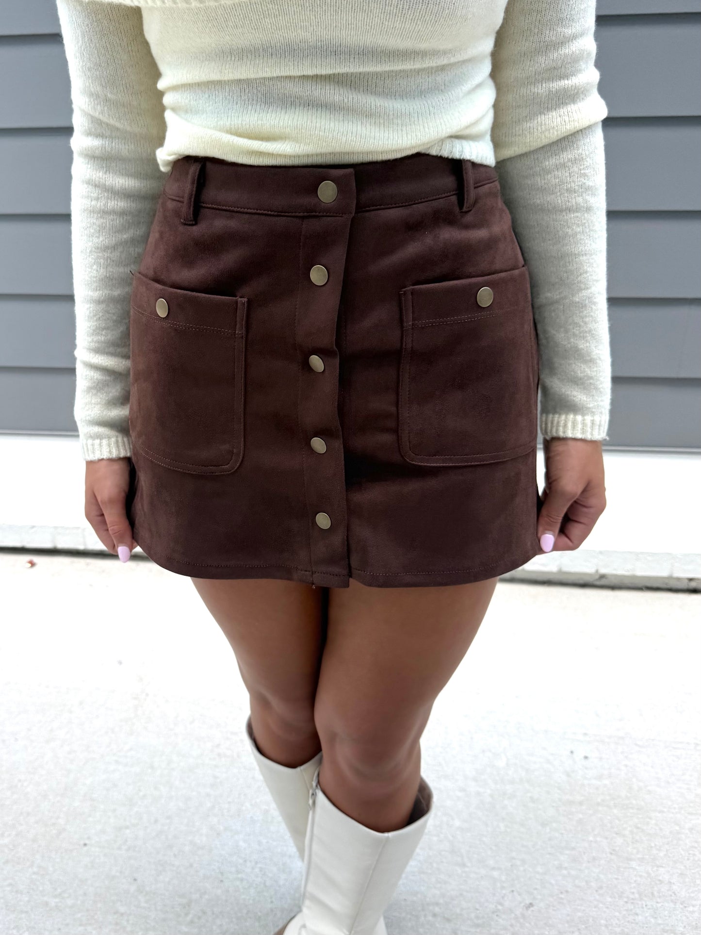 Brown Snap Suede Mini Skirt