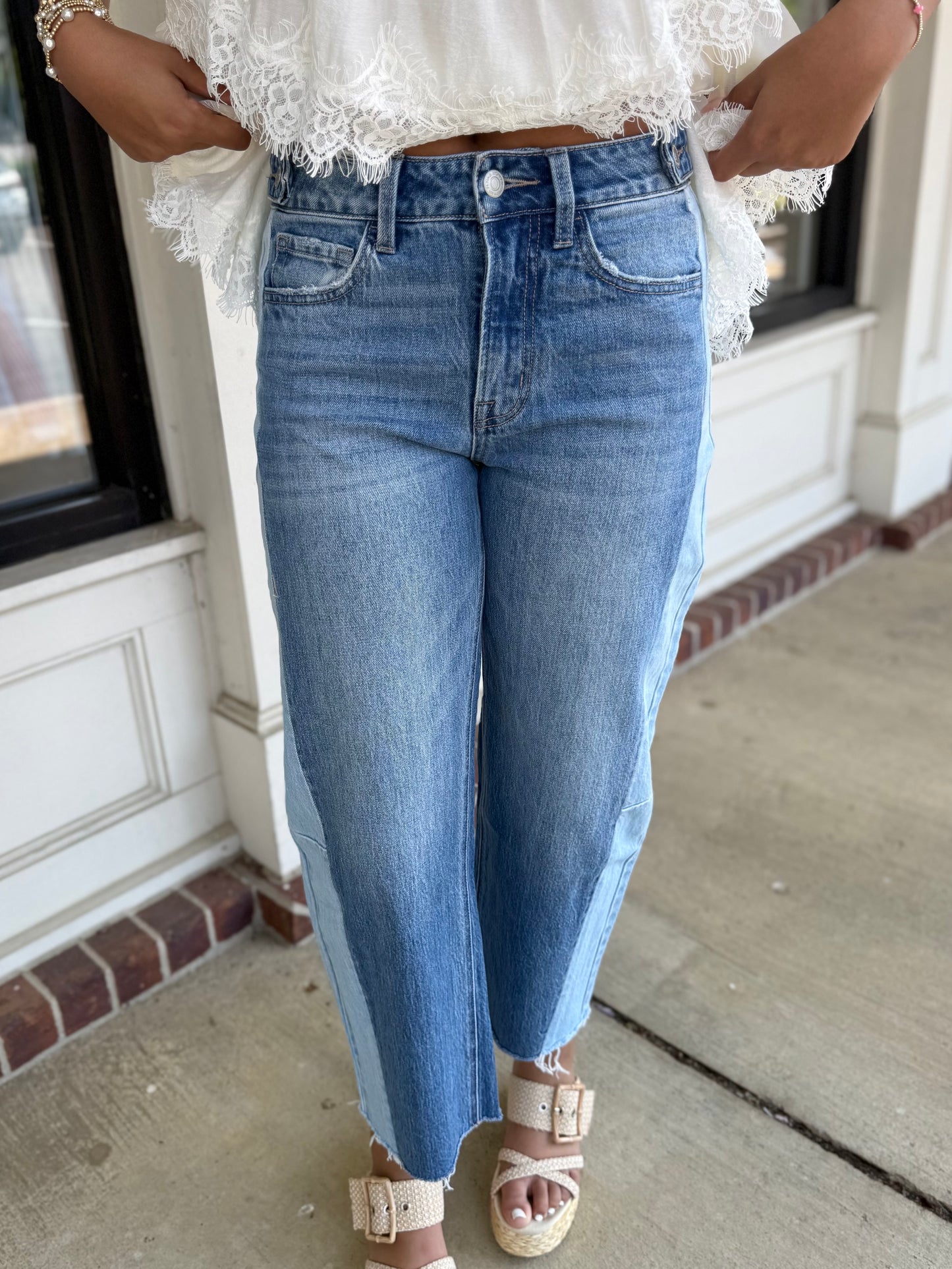 High Rise Two Tone Barrel Jean