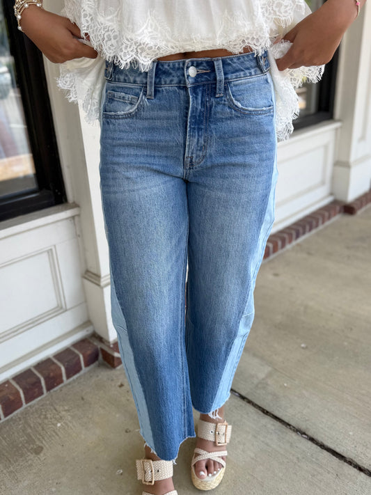 High Rise Two Tone Barrel Jean