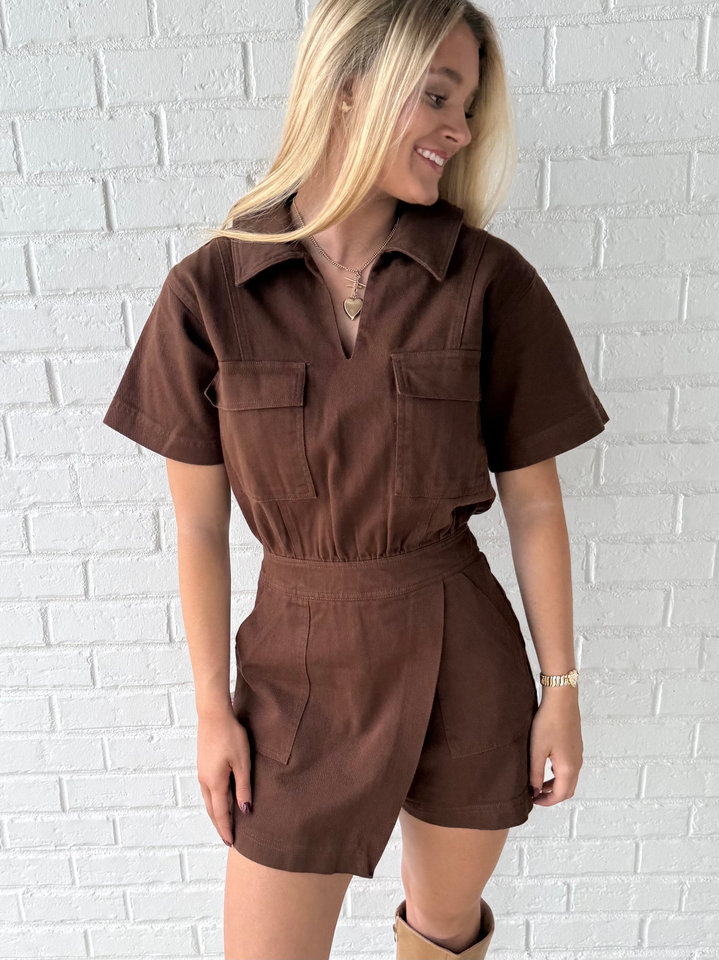 Brown Denim Flap Pocket Romper