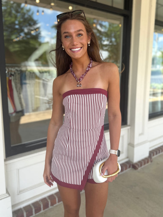 Denim Maroon Stripe Romper