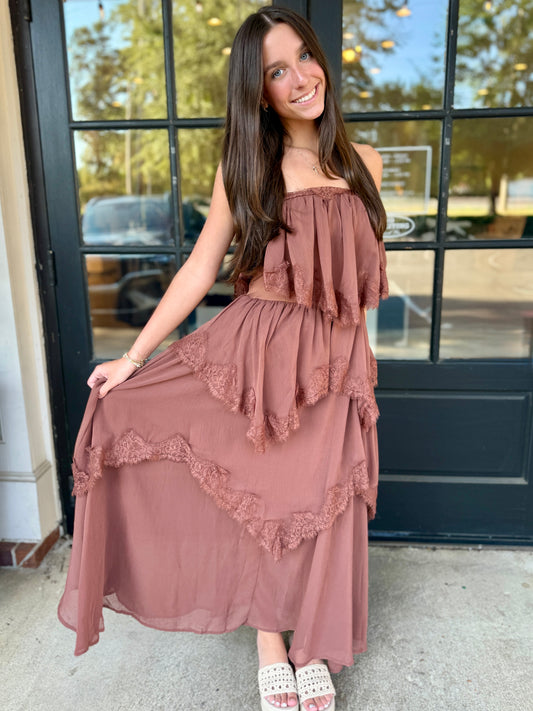 Brown Tiered Lace Maxi