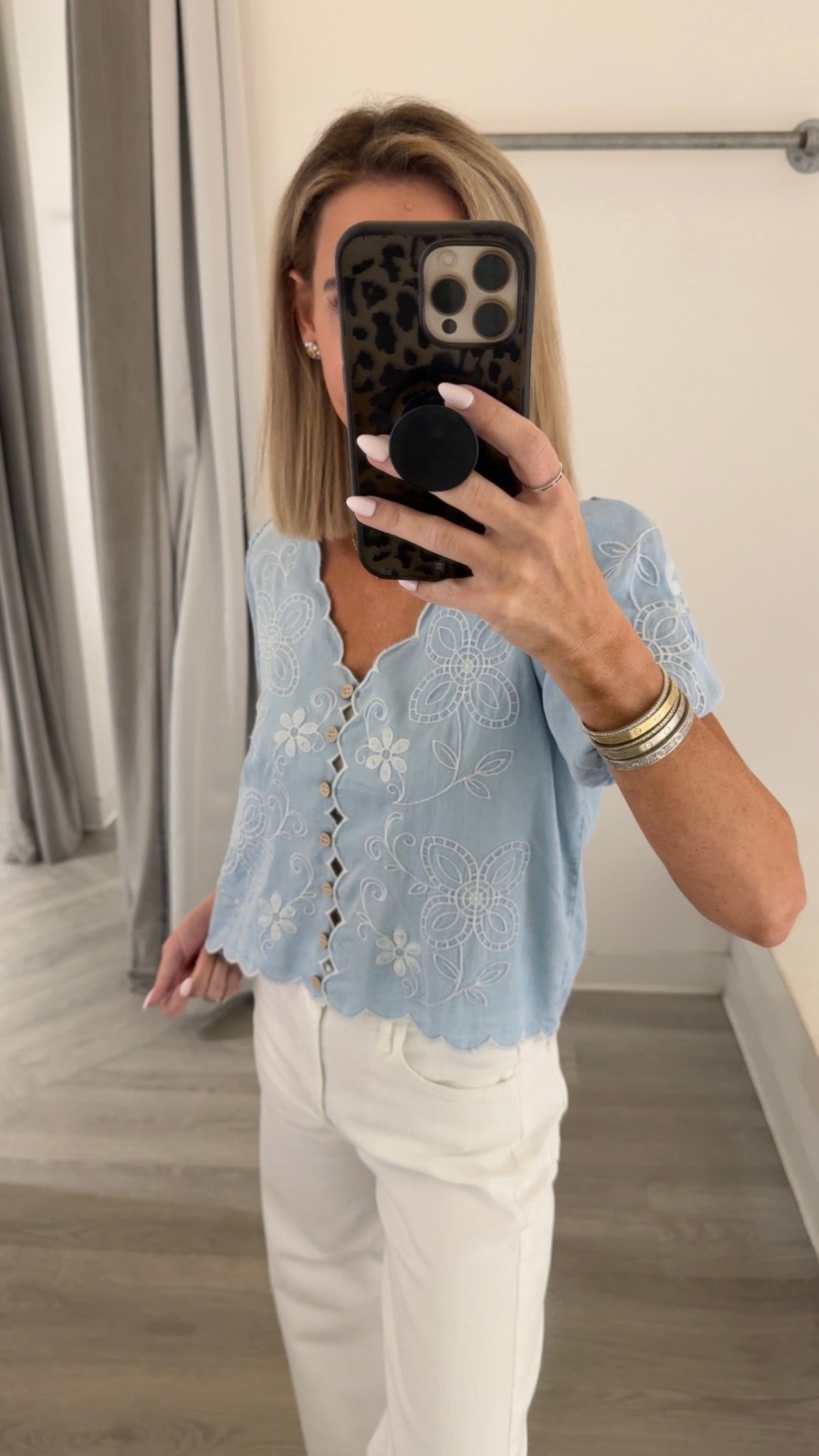 Chambray Scallop Trim Puff Top