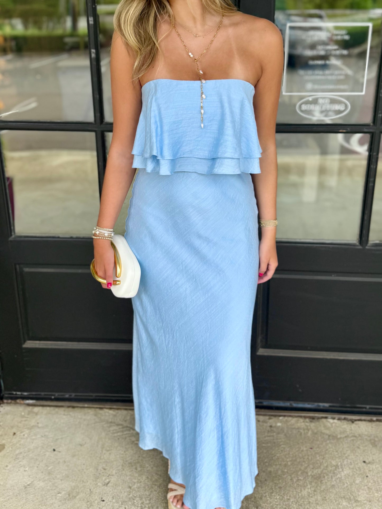 Blue Strapless Ruffle Maxi Dress