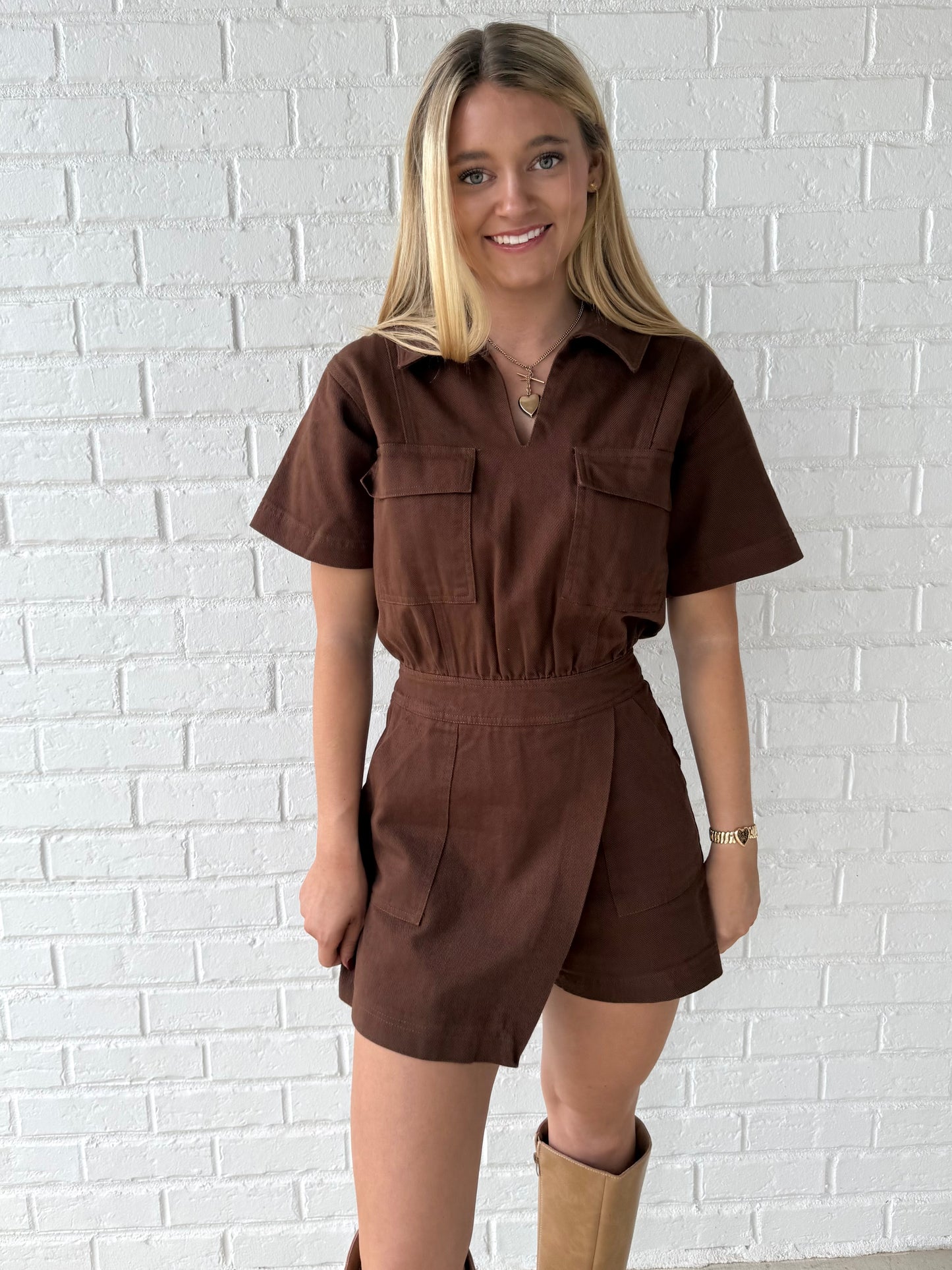 Brown Denim Flap Pocket Romper