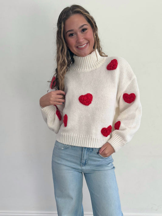 White/Red 3D Heart Sweater