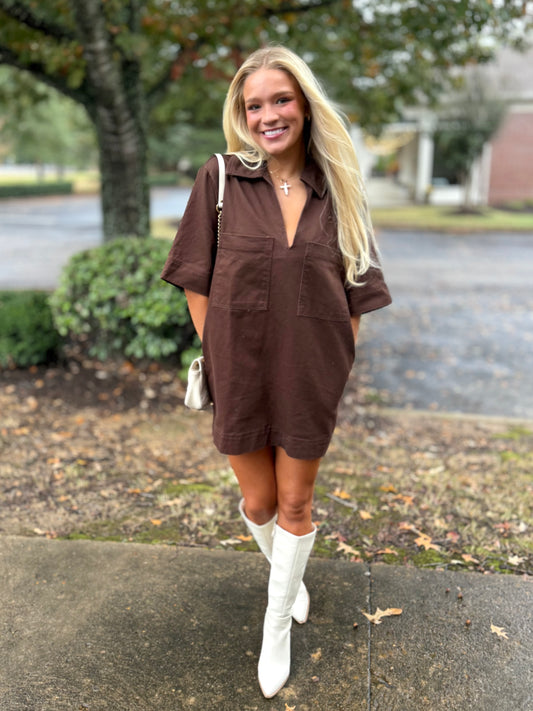 Brown Denim Collared Dress