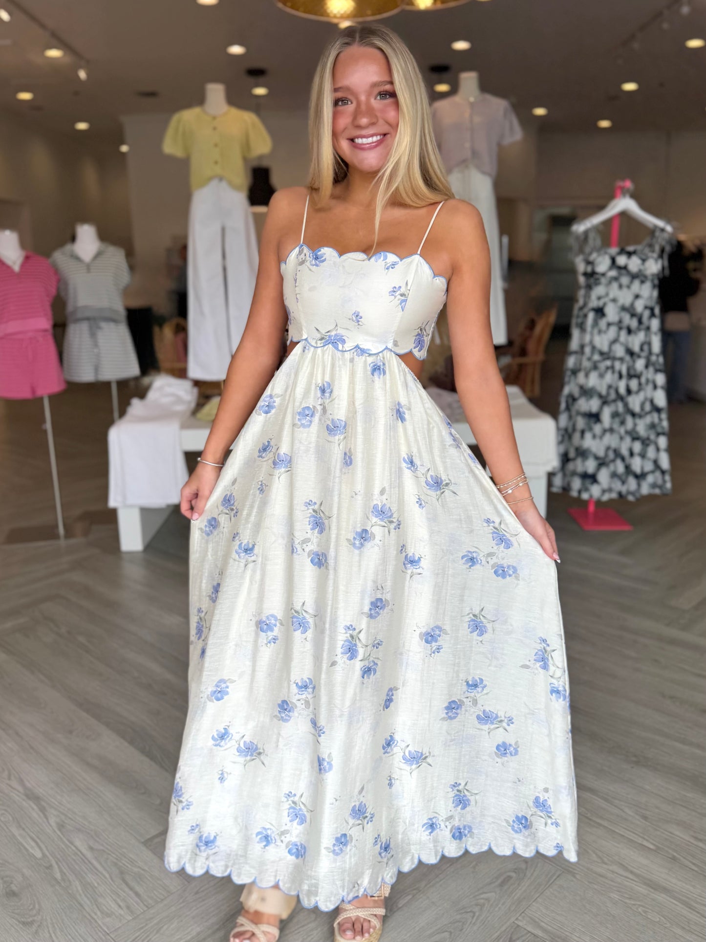 Blue Floral Scallop Midi Dress