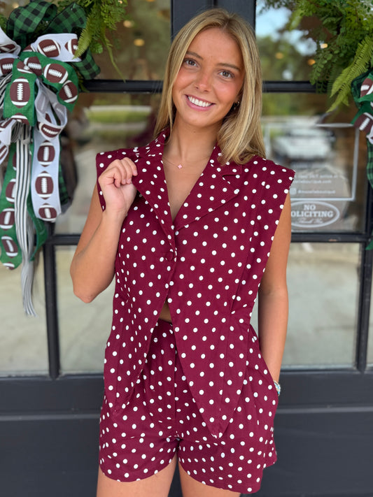 Maroon Polka Dot Tailored Romper