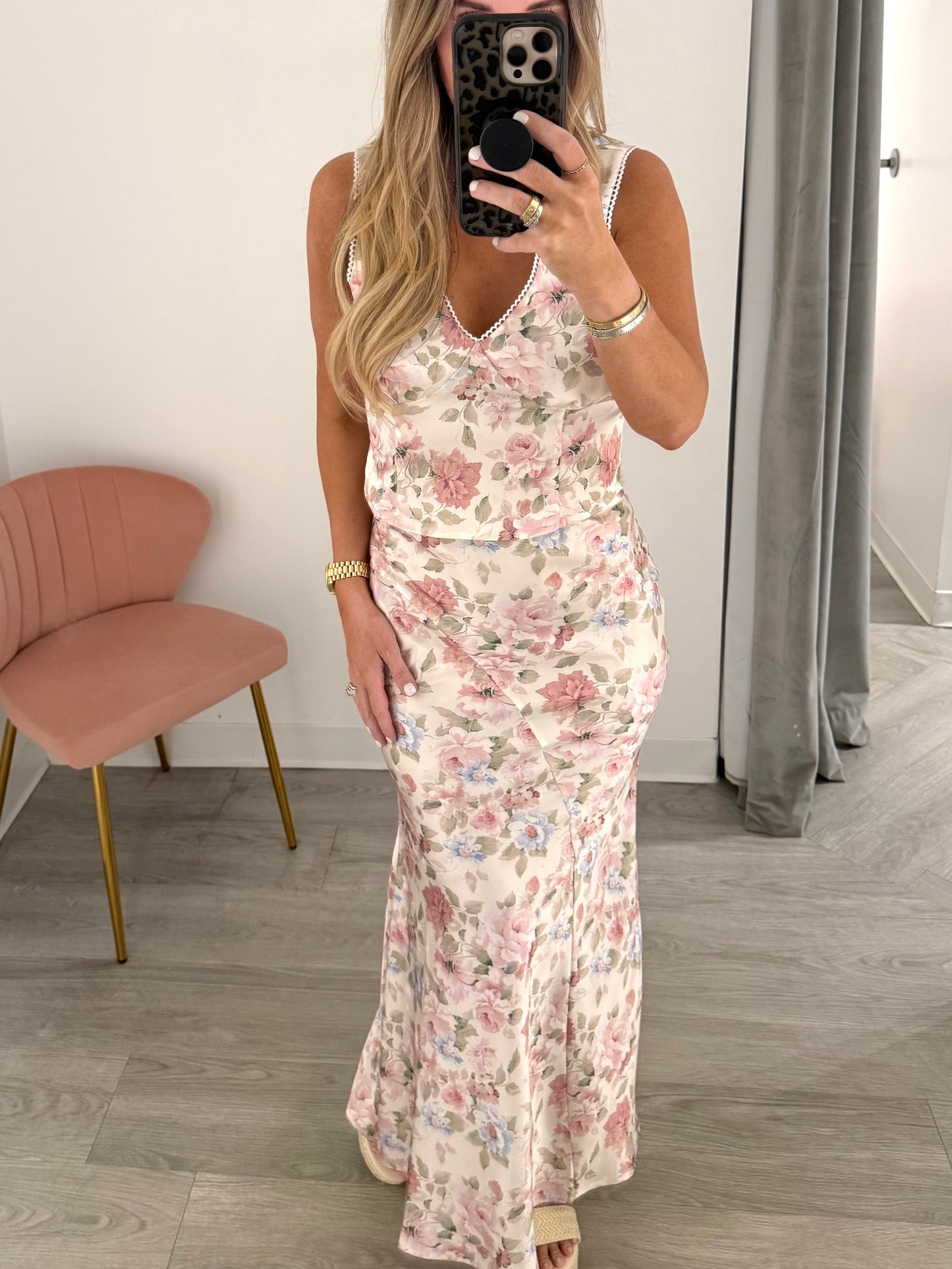 Ivory Floral Bias Midi Skirt