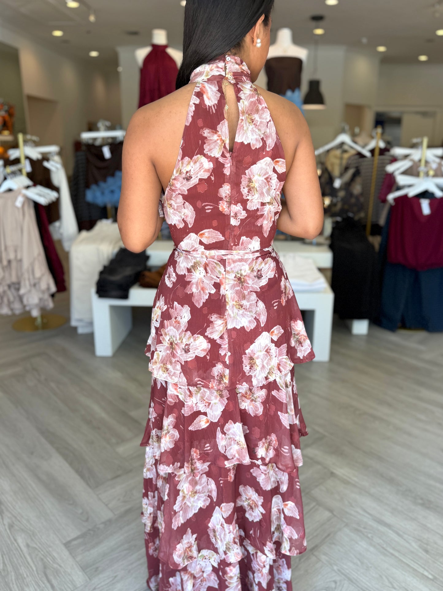 Wine Tiered Floral Maxi Dress