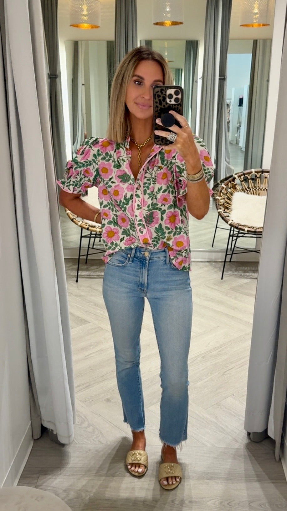Pink Floral Cuffed Sleeve Top