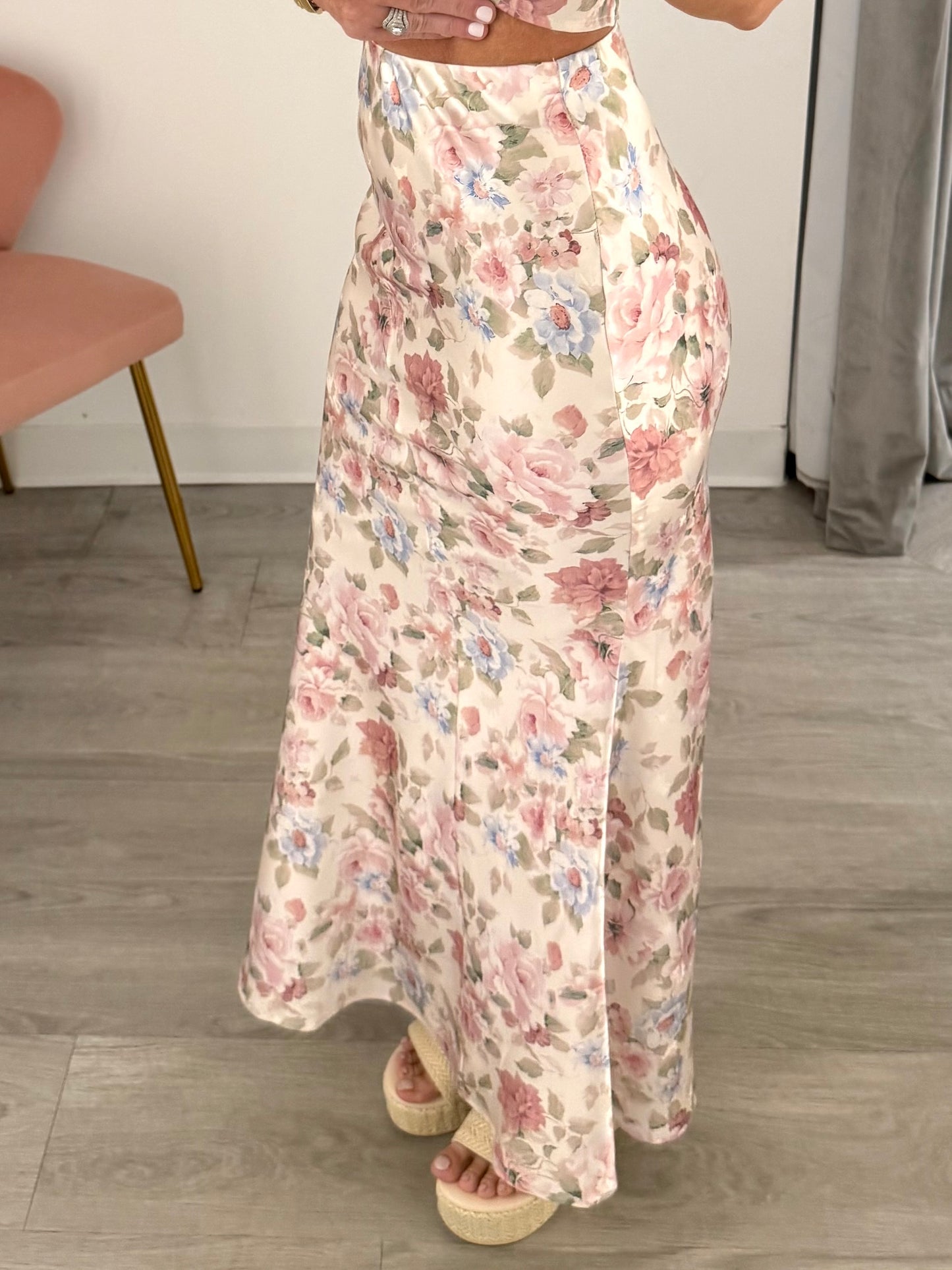Ivory Floral Bias Midi Skirt