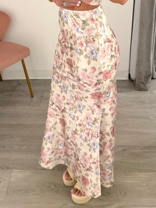 Ivory Floral Bias Midi Skirt